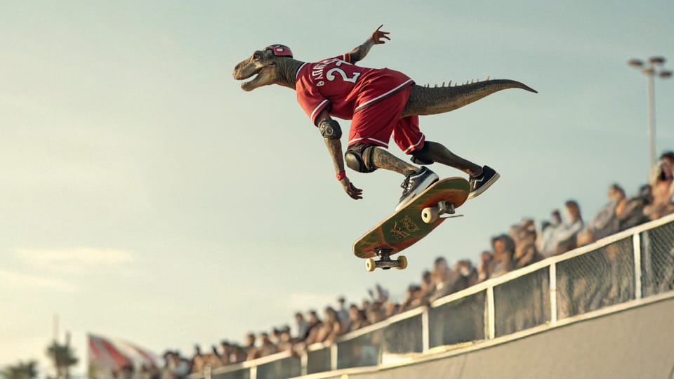 Allosaurus flying on a skateboard