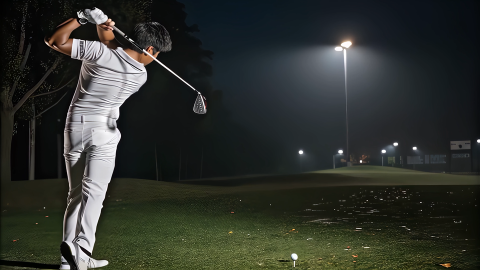 A person who resembles Isao Aoki practicing at night