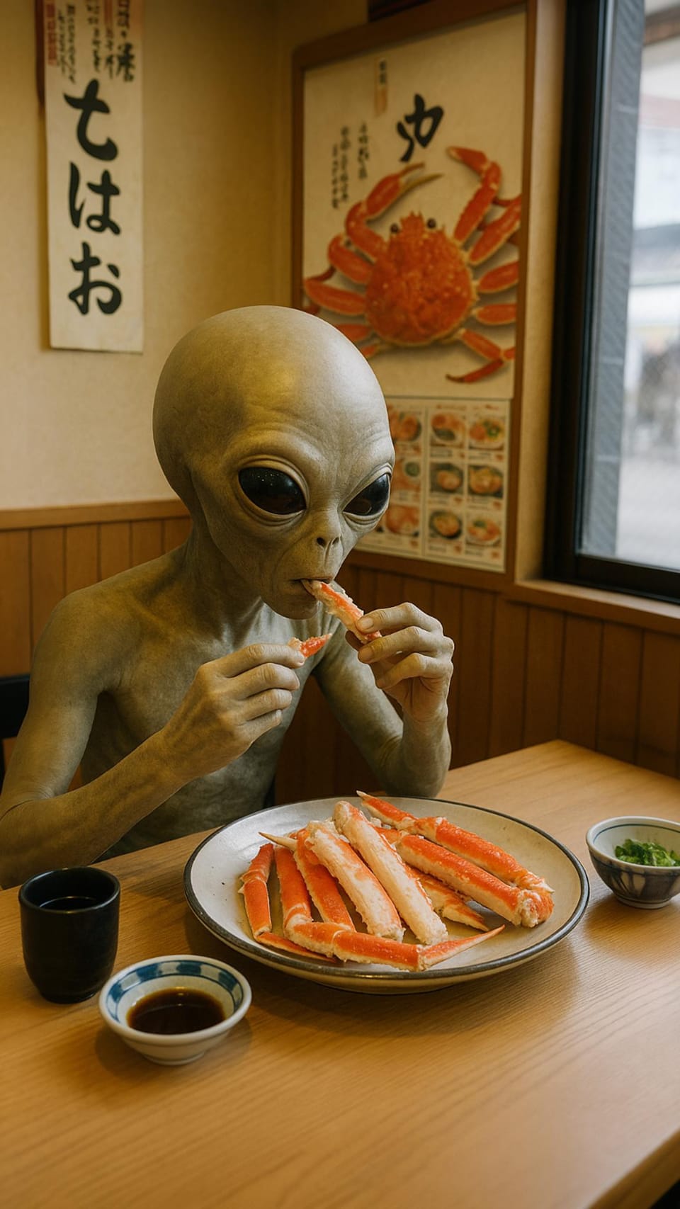An alien skillfully eating a crab